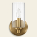 Single-Light Wall Sconce, Clear Ribbed Glass Shade, Satin Brass Finish, for Bathroom