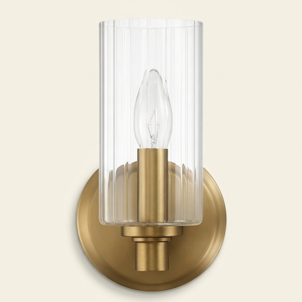 Single-Light Wall Sconce, Clear Ribbed Glass Shade, Satin Brass Finish, for Bathroom