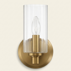 Single-Light Wall Sconce, Clear Ribbed Glass Shade, Satin Brass Finish, for Bathroom
