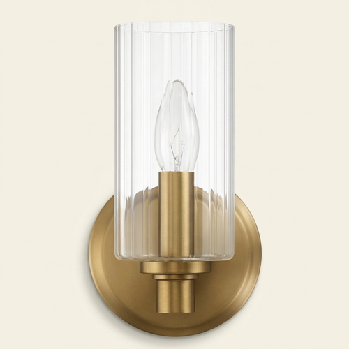 Single-Light Wall Sconce, Clear Ribbed Glass Shade, Satin Brass Finish, for Bathroom