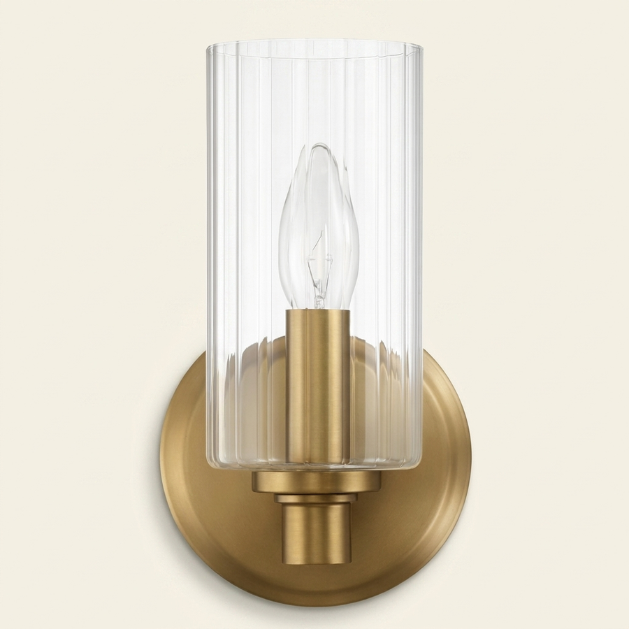 Single-Light Wall Sconce, Clear Ribbed Glass Shade, Satin Brass Finish, for Bathroom