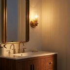 Single-Light Wall Sconce, Clear Ribbed Glass Shade, Satin Brass Finish, for Bathroom styled in a room