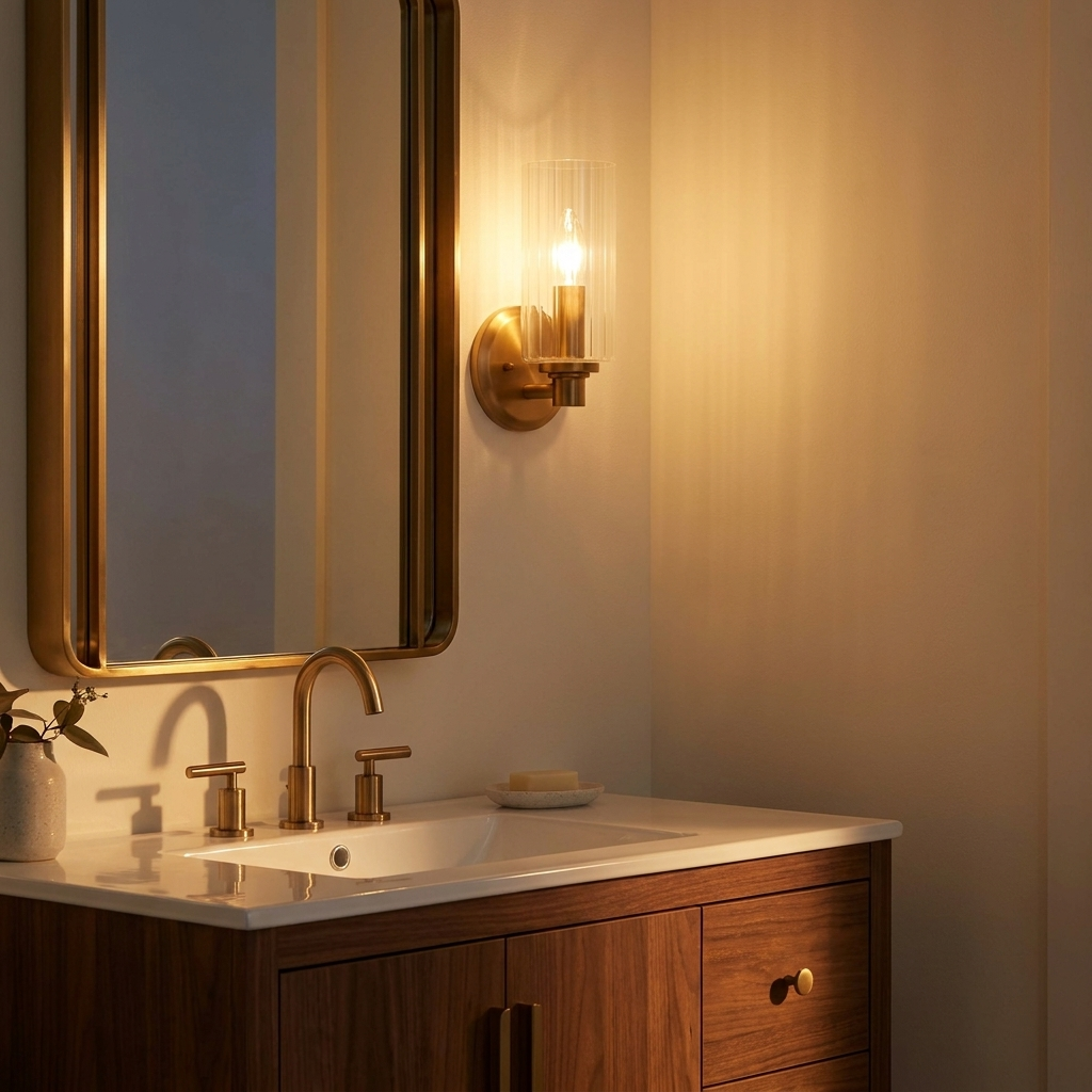Single-Light Wall Sconce, Clear Ribbed Glass Shade, Satin Brass Finish, for Bathroom styled in a room