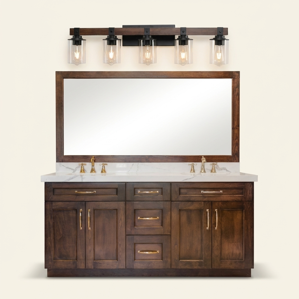 Rustic 5-Light Vanity Light, Black and Wood Farmhouse Design, 35 in., for Bathroom