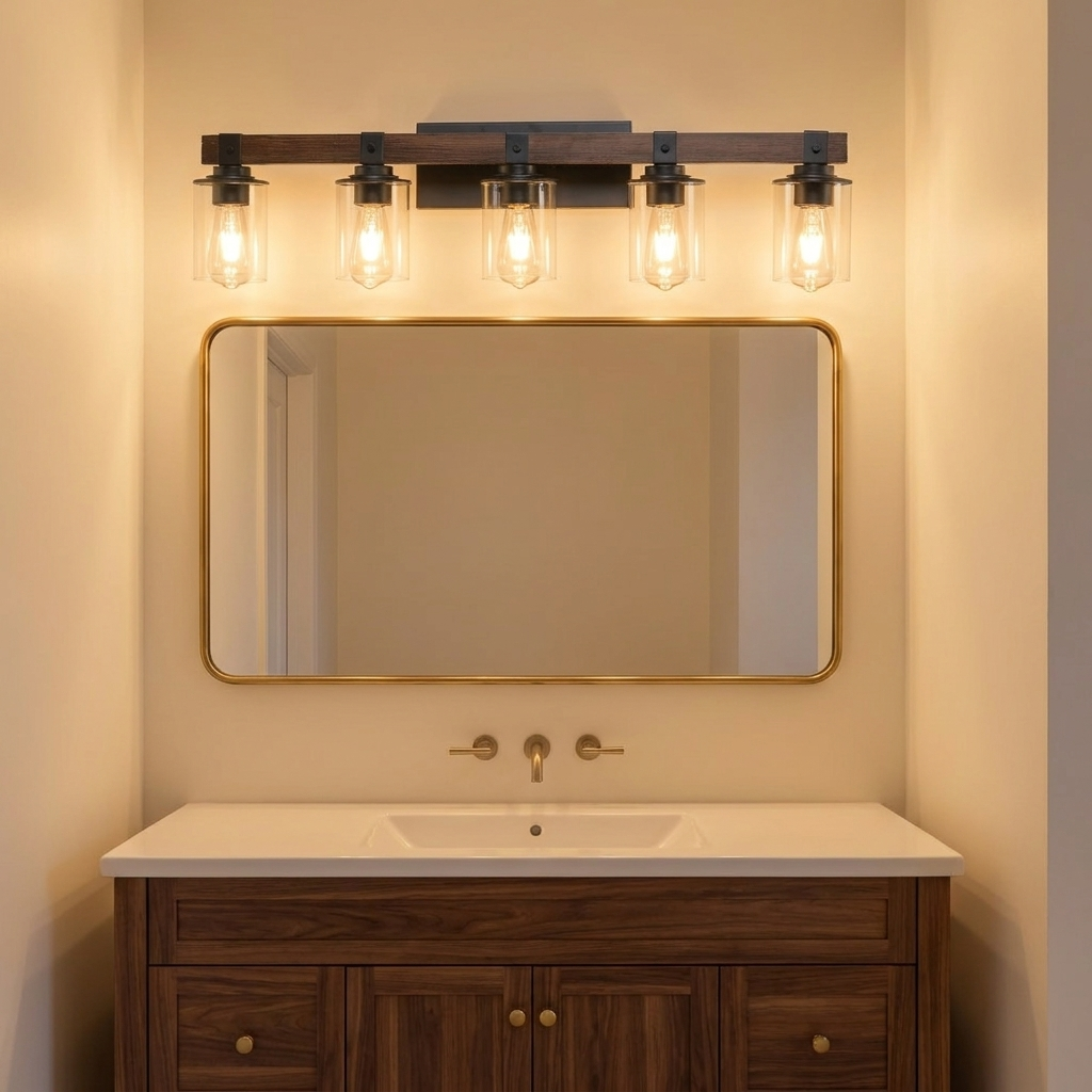 Rustic 5-Light Vanity Light, Black and Wood Farmhouse Design, 35 in., for Bathroom styled in a room