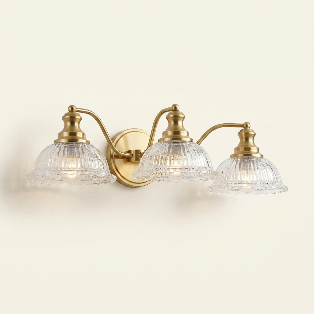 Vintage 3-Light Bathroom Wall Sconce, Iron and Glass Shades, Gold, 24 in., for Bathroom
