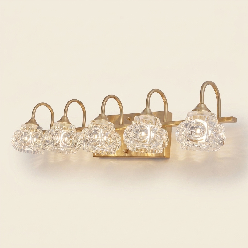 Modern Crystal Bathroom Vanity Light, Clear Crystal Glass Shades, Gold, 29 in., for Bathroom