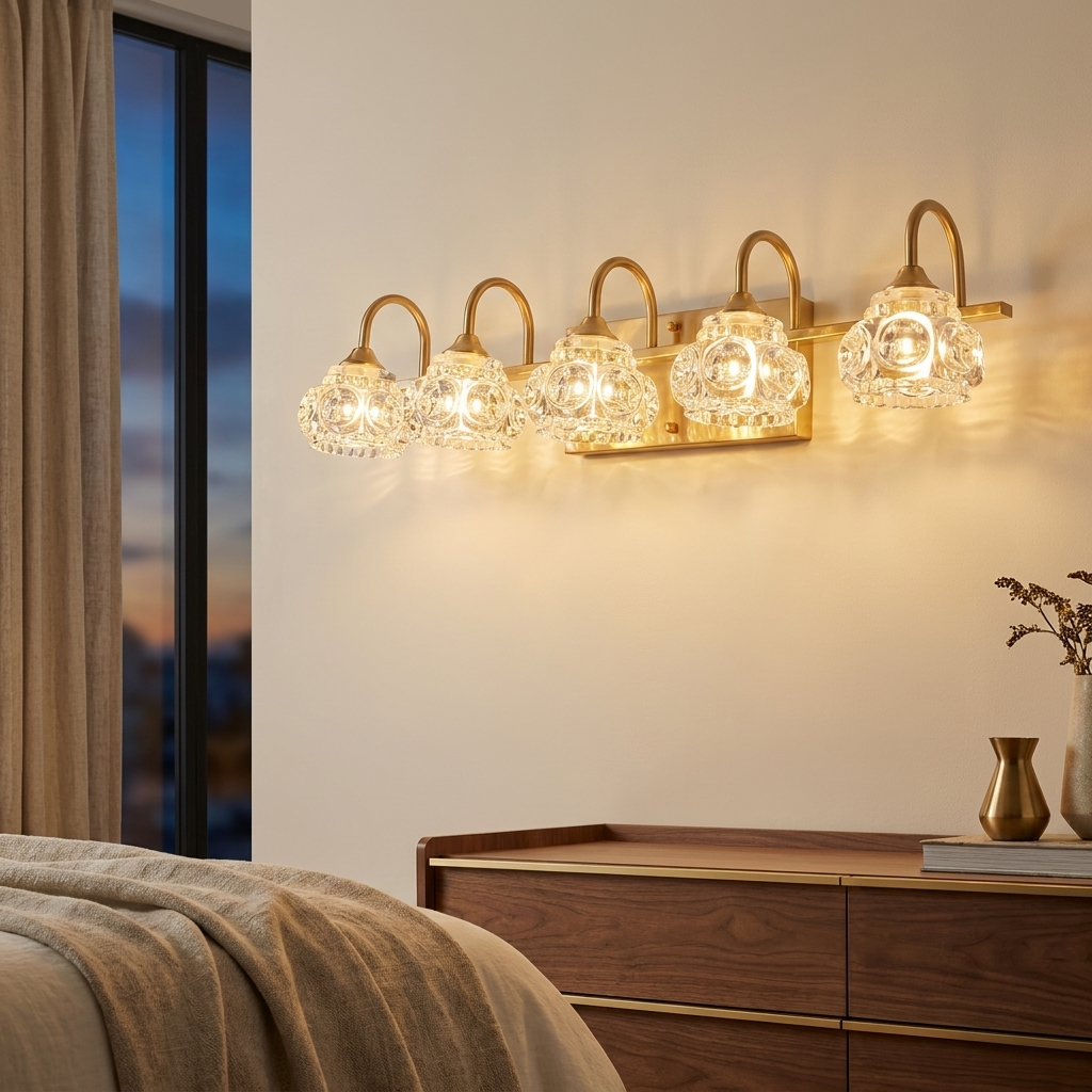 Modern Crystal Bathroom Vanity Light, Clear Crystal Glass Shades, Gold, 29 in., for Bathroom styled in a room