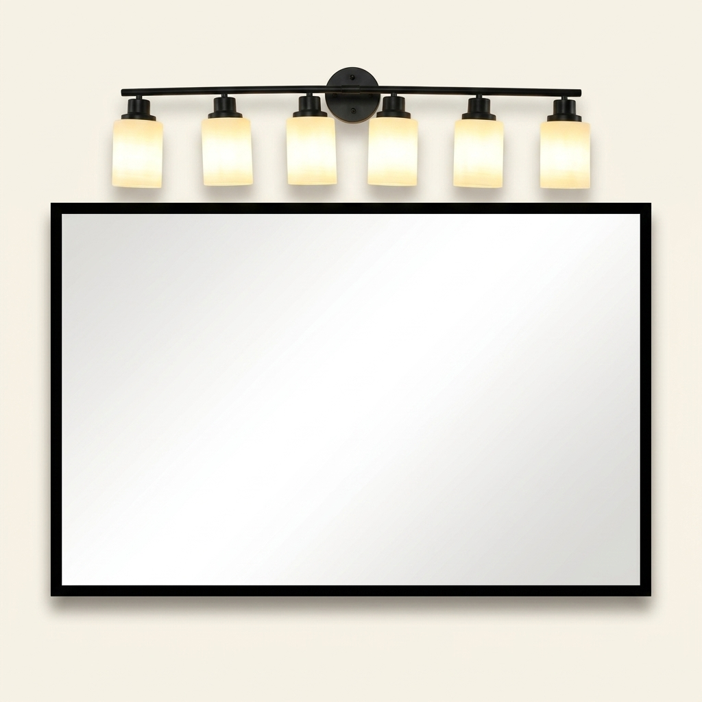 Modern 6-Light Vanity Bathroom Light, White Frosted Glass and Black Iron Frame, 39 in., for Bathroom