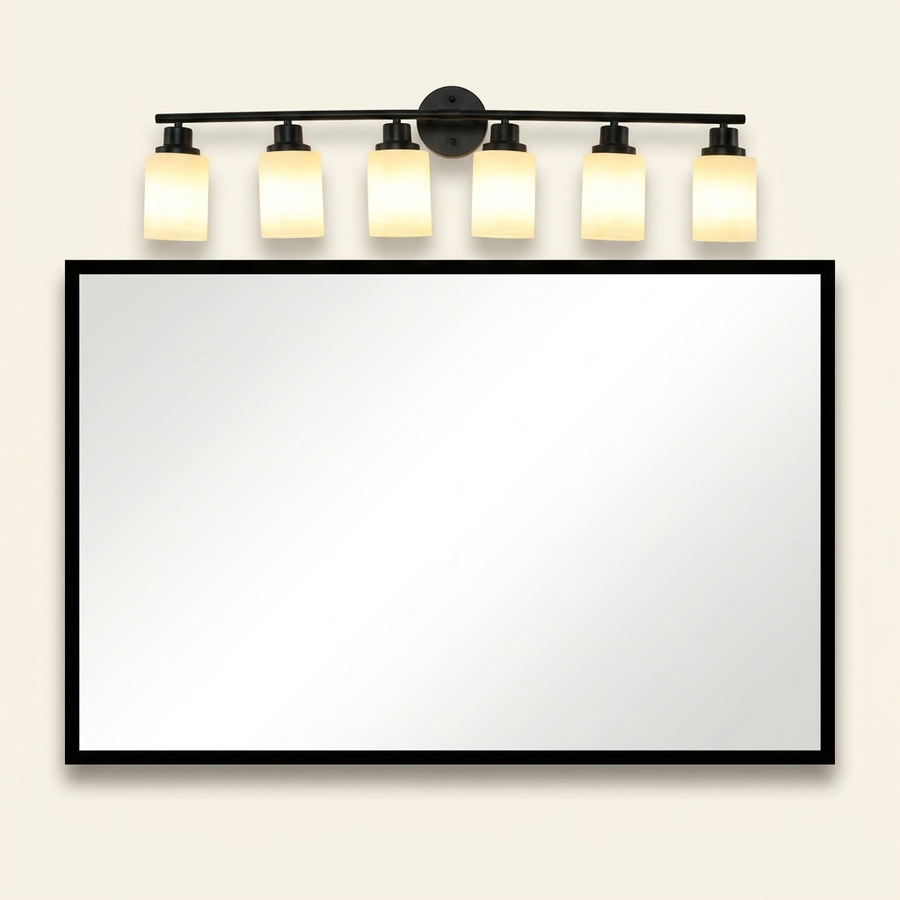 Modern 6-Light Vanity Bathroom Light, White Frosted Glass and Black Iron Frame, 39 in., for Bathroom