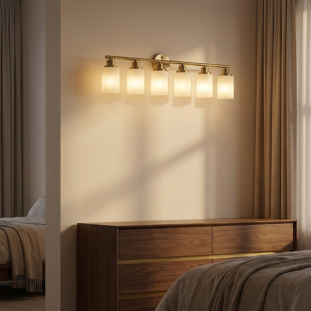 Modern 6-Light Vanity Light Bar, Frosted Glass Shades, Gold, 39 in. for Bathroom styled in a room