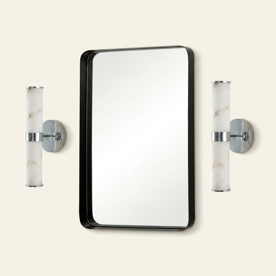 Modern Faux Marble Wall Sconce, Chrome Accents, Vertical Fixture, Set of 2 for Bathroom