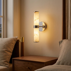 Modern Faux Marble Wall Sconce, Chrome Accents, Vertical Fixture, Set of 2 for Bathroom styled in a room