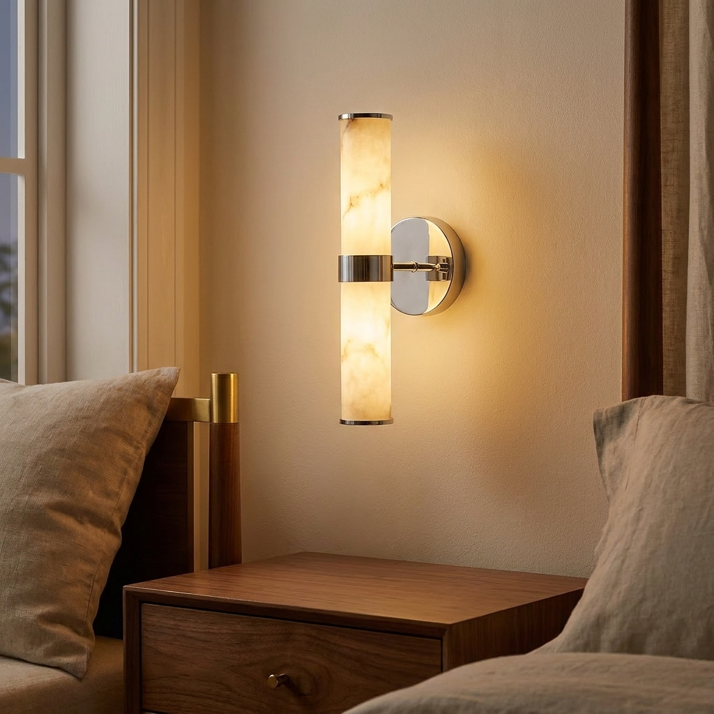 Modern Faux Marble Wall Sconce, Chrome Accents, Vertical Fixture, Set of 2 for Bathroom styled in a room