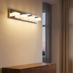 Modern LED Chrome Vanity Light Bar, Geometric Lamp Heads for Powder Room Mirror styled in a room