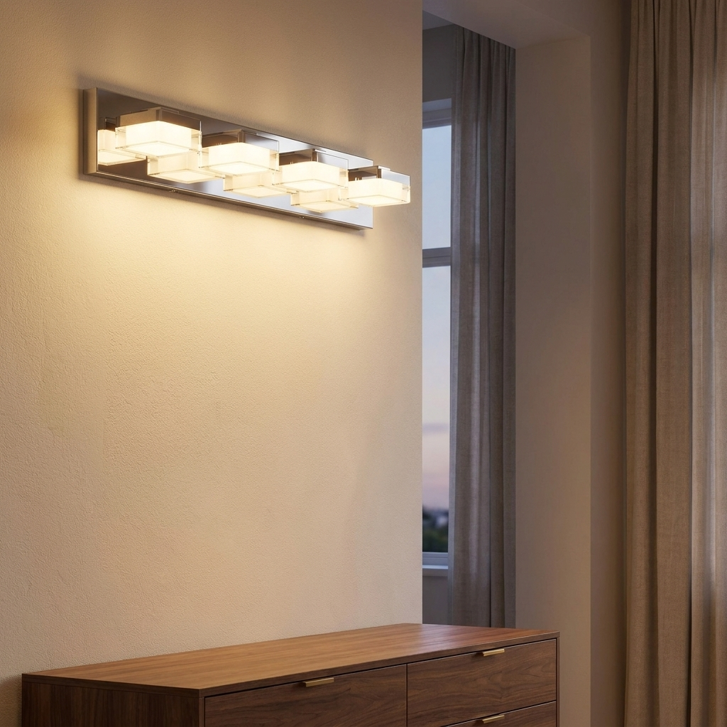 Modern LED Chrome Vanity Light Bar, Geometric Lamp Heads for Powder Room Mirror styled in a room
