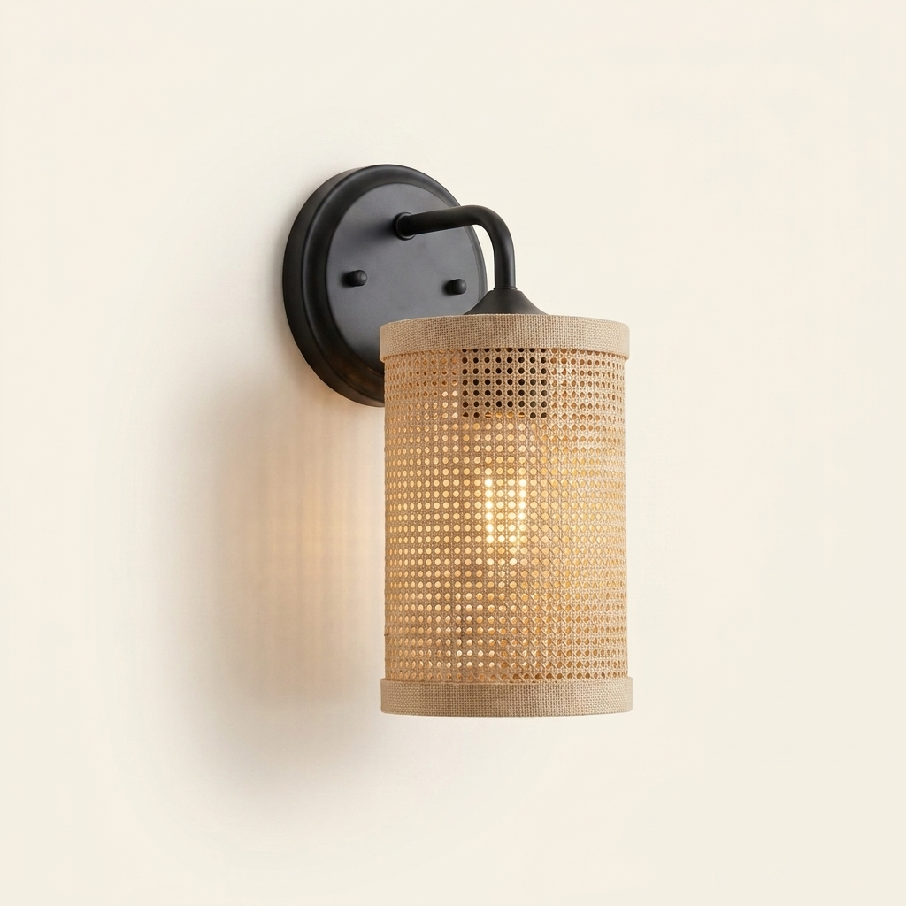 Rustic Rattan Wall Sconce, Woven Wicker Shade, Black, 1-Light for Bedroom