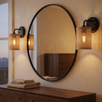 Rustic Rattan Wall Sconce, Woven Wicker Shade, Black, 1-Light for Bedroom styled in a room