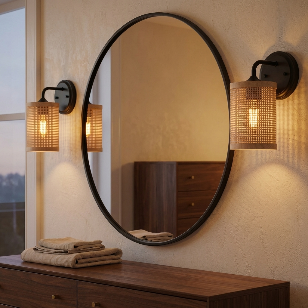 Rustic Rattan Wall Sconce, Woven Wicker Shade, Black, 1-Light for Bedroom styled in a room