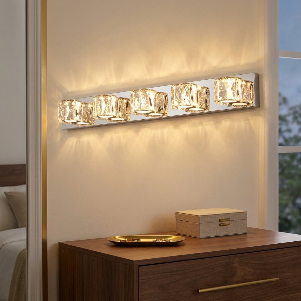 Modern Crystal 5-Light LED Vanity Light Bar, Chrome Finish, 35 in. for Bathroom styled in a room