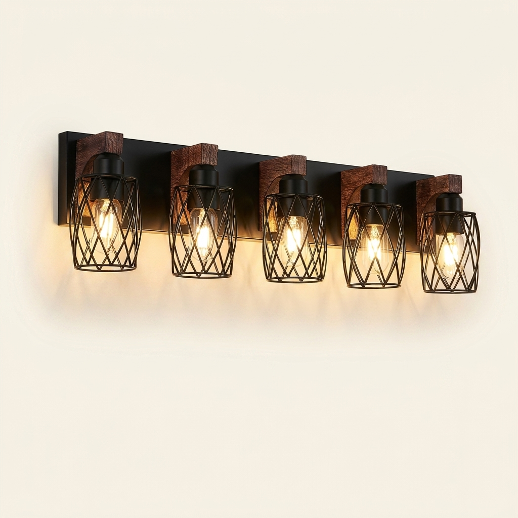 Industrial 5-Light Wall Sconce, Black Wire Cage with Wood Accents, 31 in. for Hallway