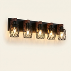 Industrial 5-Light Wall Sconce, Black Wire Cage with Wood Accents, 31 in. for Hallway