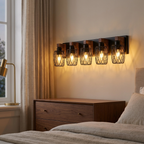 Industrial 5-Light Wall Sconce, Black Wire Cage with Wood Accents, 31 in. for Hallway styled in a room
