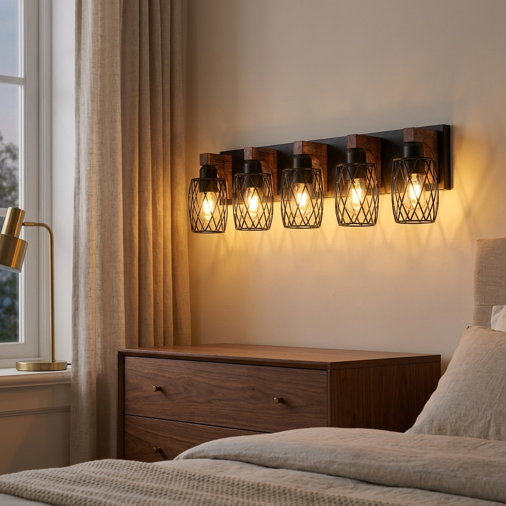 Industrial 5-Light Wall Sconce, Black Wire Cage with Wood Accents, 31 in. for Hallway styled in a room
