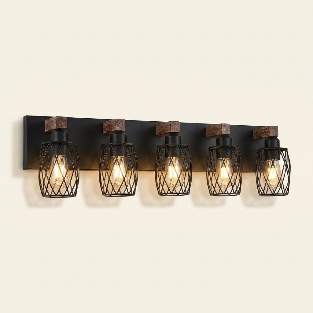 Industrial 5-Light Wall Sconce, Black Cage with Walnut Wood Accents, 31 in. for Living Room