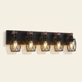 Industrial 5-Light Wall Sconce, Black Cage with Walnut Wood Accents, 31 in. for Living Room