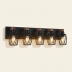 Industrial 5-Light Wall Sconce, Black Cage with Walnut Wood Accents, 31 in. for Living Room