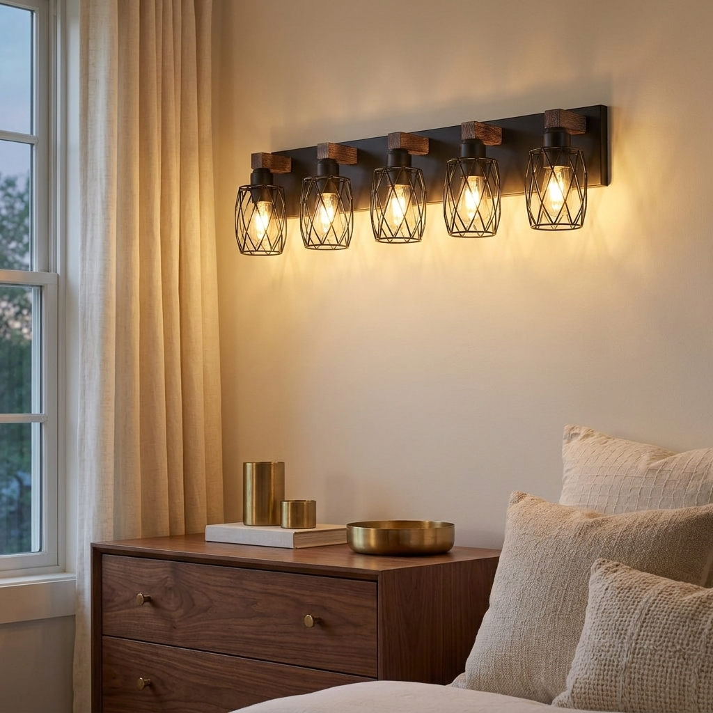 Industrial 5-Light Wall Sconce, Black Cage with Walnut Wood Accents, 31 in. for Living Room styled in a room
