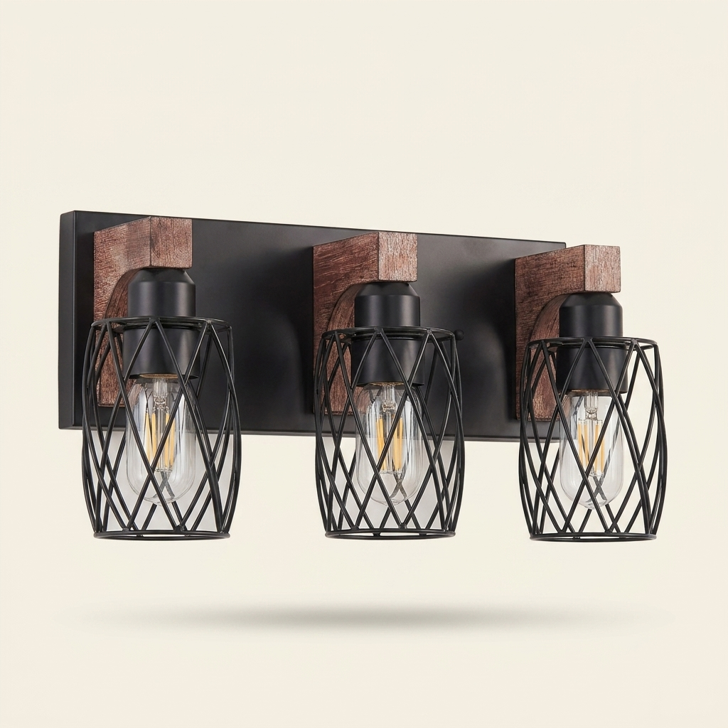 Industrial Vintage 3-Light Wall Sconce, Wire Cage Shades with Wood Accents, Black, 18 in. for Bathroom Vanity