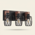 Industrial Vintage 3-Light Wall Sconce, Wire Cage Shades with Wood Accents, Black, 18 in. for Bathroom Vanity