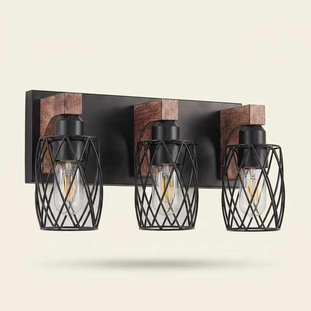 Industrial Vintage 3-Light Wall Sconce, Wire Cage Shades with Wood Accents, Black, 18 in. for Bathroom Vanity