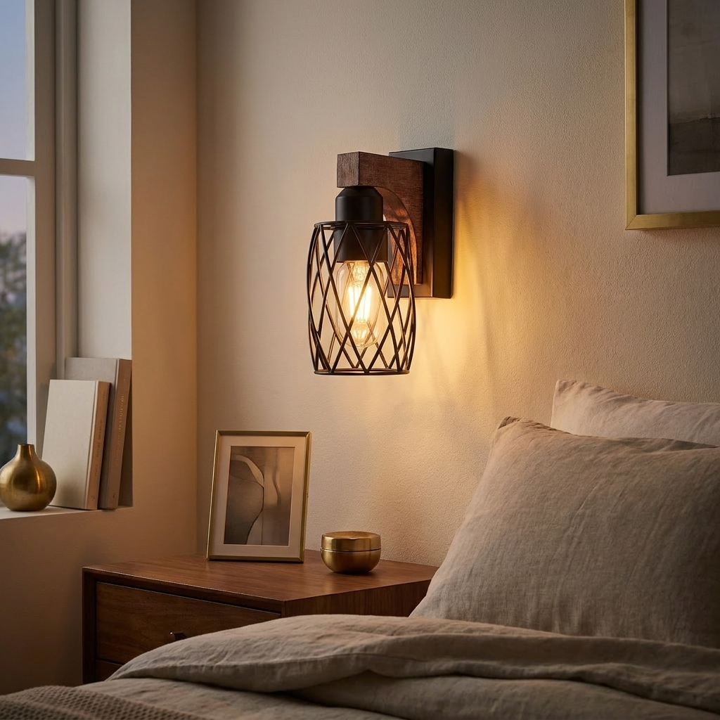 Industrial Vintage 3-Light Wall Sconce, Wire Cage Shades with Wood Accents, Black, 18 in. for Bathroom Vanity styled in a room