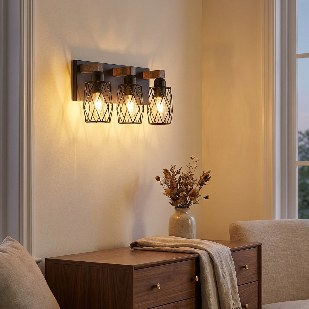 Industrial Vintage 3-Light Wall Sconce, Wire Cage Shades with Wooden Accents, Walnut and Black, 18 in. for Hallway styled in a room