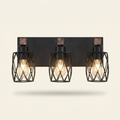 Industrial Vintage 3-Light Wall Sconce, Wire Cage Shades with Wooden Accents, Walnut and Black, 18 in. for Hallway