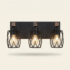 Industrial Vintage 3-Light Wall Sconce, Wire Cage Shades with Wooden Accents, Walnut and Black, 18 in. for Hallway