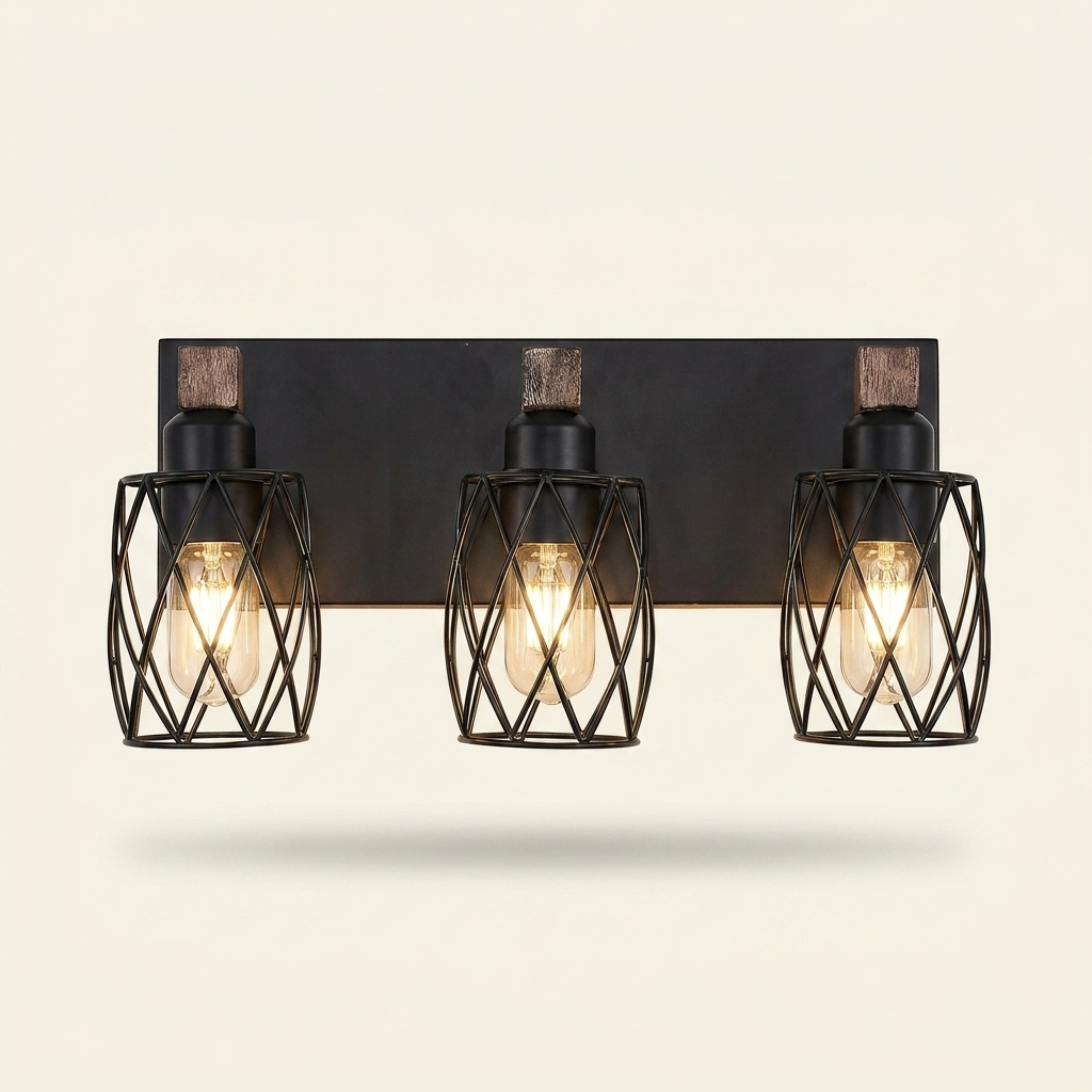 Industrial Vintage 3-Light Wall Sconce, Wire Cage Shades with Wooden Accents, Walnut and Black, 18 in. for Hallway