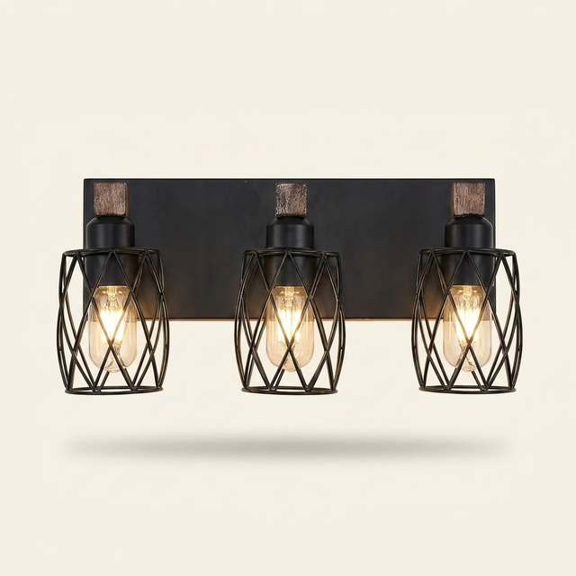 Industrial Vintage 3-Light Wall Sconce, Wire Cage Shades with Wooden Accents, Walnut and Black, 18 in. for Hallway