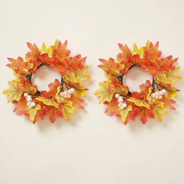 Rustic Rattan Fall Candle Rings, Autumn Wreath Candlestick Decor, 9.8 in., Set of 2 for Dining Table