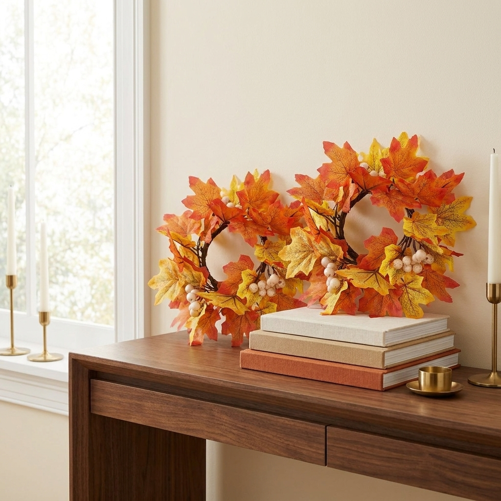 Rustic Rattan Fall Candle Rings, Autumn Wreath Candlestick Decor, 9.8 in., Set of 2 for Dining Table styled in a room