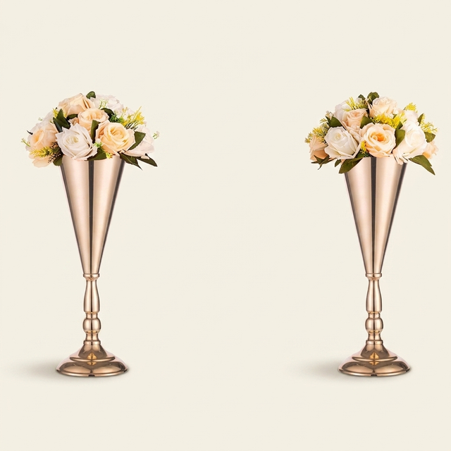 Gold Metal Trumpet Flower Vase, Wedding Centerpiece, Set of 10 for Dining Table