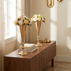 Gold Metal Trumpet Flower Vase, Wedding Centerpiece, Set of 10 for Dining Table styled in a room