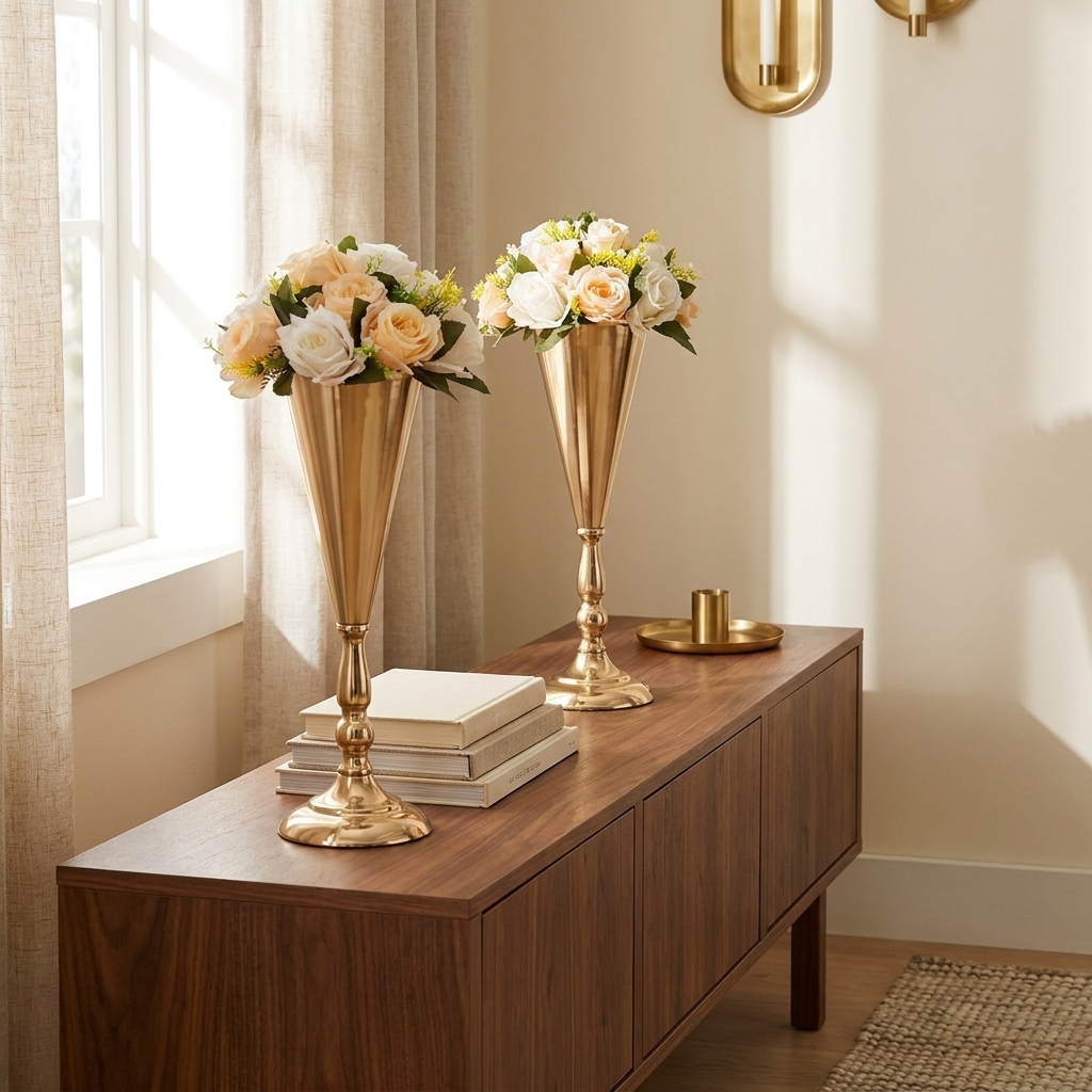Gold Metal Trumpet Flower Vase, Wedding Centerpiece, Set of 10 for Dining Table styled in a room