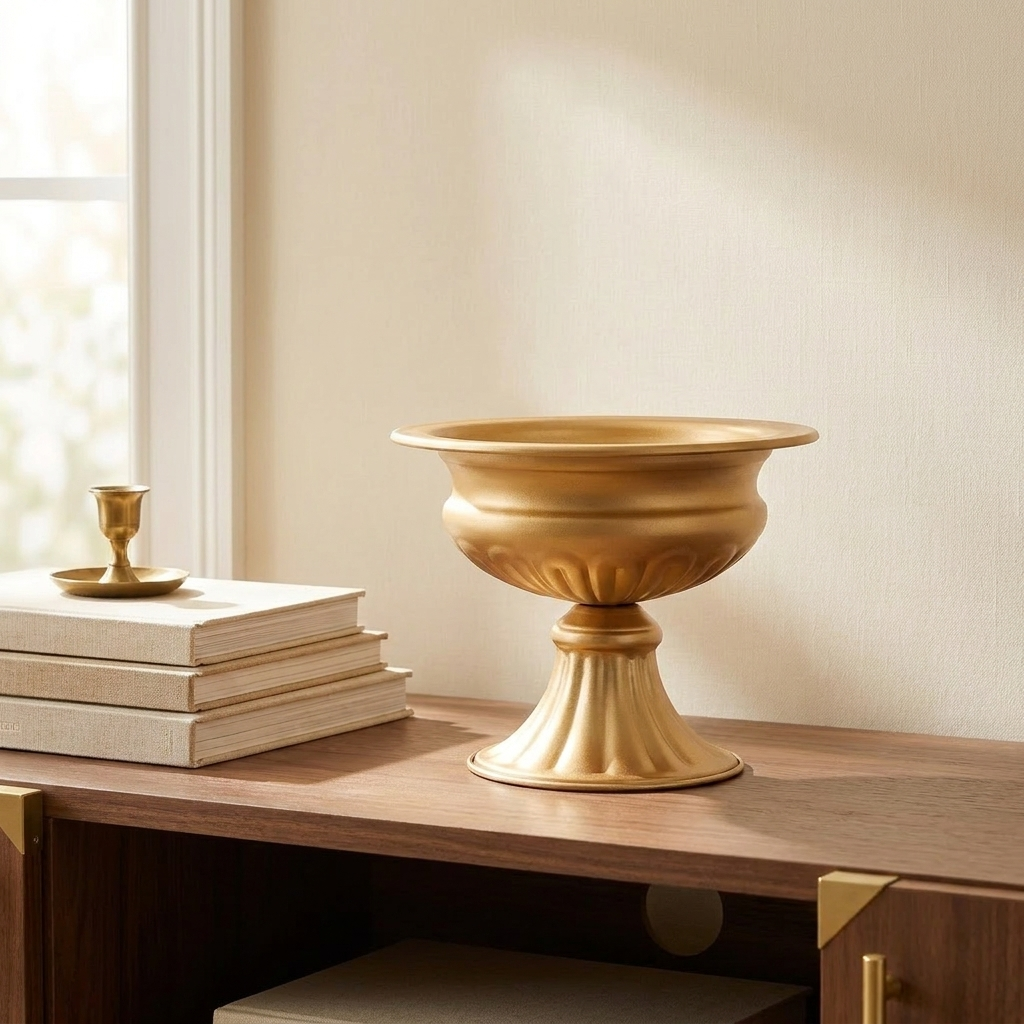 Gold Metal Wedding Flower Vase, Vintage Floral Stand, 6.3 in, Set of 10 for Table Centerpiece styled in a room