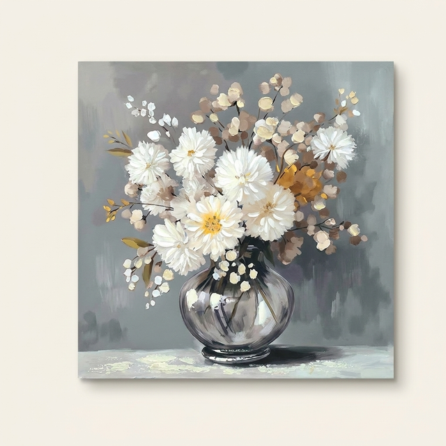 Chrysanthemum Vase Canvas Wall Art, Farmhouse Country Decor, White, for Bathroom