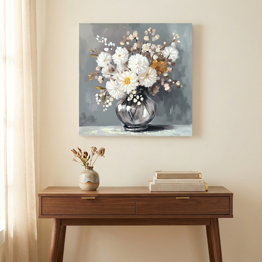 Chrysanthemum Vase Canvas Wall Art, Farmhouse Country Decor, White, for Bathroom styled in a room