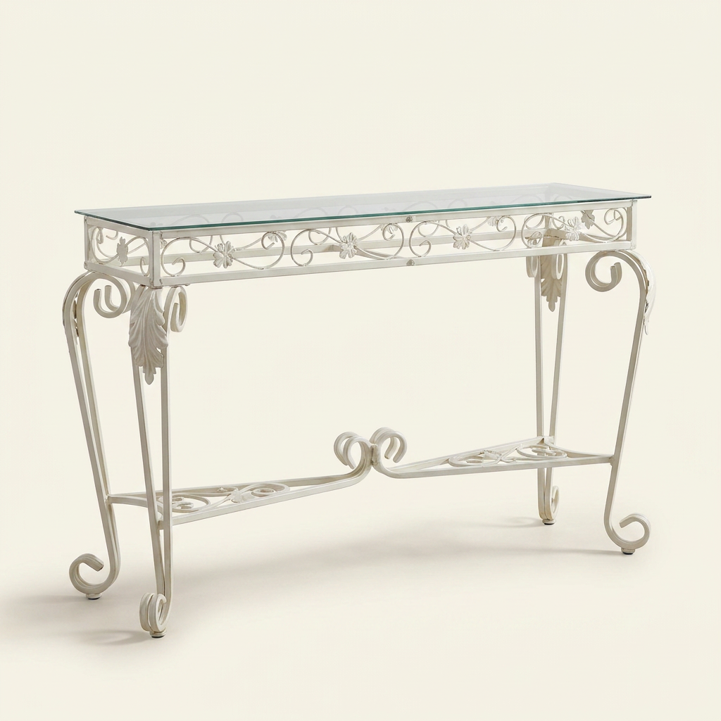 Modern Two-Tier Glass Console Table, White Metal Frame for Hallway